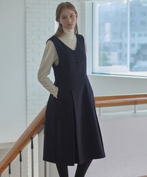 Wool Blend Pleats Dress - Navy