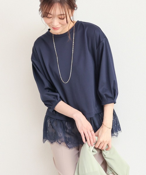 GLACIER lusso(グラシアルッソ)の「7分袖レースレイヤードトップス(Tシャツ/カットソー・レディース・ネイビー/アイボリー/ダークベージュ・S/M/LL/L)」の3枚目の写真