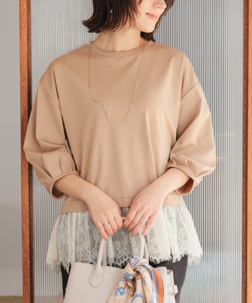 GLACIER lusso(グラシアルッソ)の「7分袖レースレイヤードトップス(Tシャツ/カットソー・レディース・ネイビー/アイボリー/ダークベージュ・S/M/LL/L)」の1枚目の写真