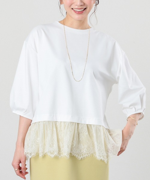 GLACIER lusso(グラシアルッソ)の「7分袖レースレイヤードトップス(Tシャツ/カットソー・レディース・ネイビー/アイボリー/ダークベージュ・S/M/LL/L)」の2枚目の写真