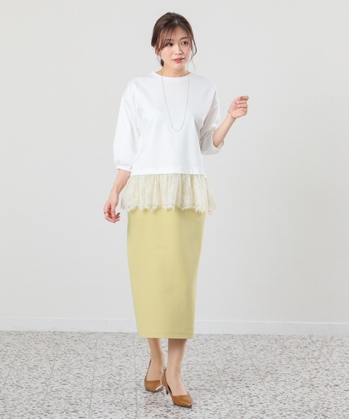 GLACIER lusso(グラシアルッソ)の「7分袖レースレイヤードトップス(Tシャツ/カットソー・レディース・ネイビー/アイボリー/ダークベージュ・S/M/LL/L)」の4枚目の写真