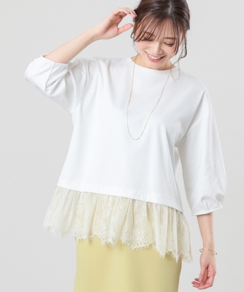 GLACIER lusso(グラシアルッソ)の「7分袖レースレイヤードトップス(Tシャツ/カットソー・レディース・ネイビー/アイボリー/ダークベージュ・S/M/LL/L)」の6枚目の写真