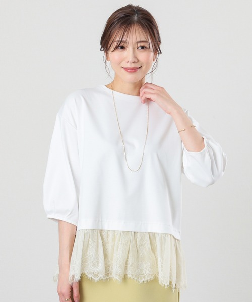 GLACIER lusso(グラシアルッソ)の「7分袖レースレイヤードトップス(Tシャツ/カットソー・レディース・ネイビー/アイボリー/ダークベージュ・S/M/LL/L)」の7枚目の写真