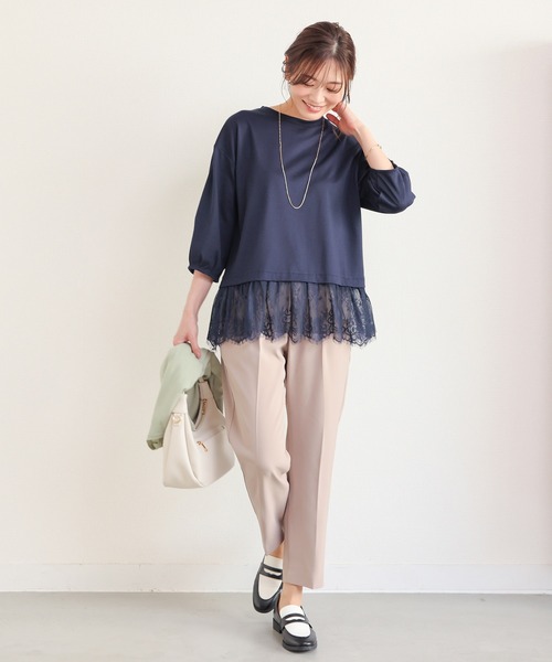 GLACIER lusso(グラシアルッソ)の「7分袖レースレイヤードトップス(Tシャツ/カットソー・レディース・ネイビー/アイボリー/ダークベージュ・S/M/LL/L)」の8枚目の写真