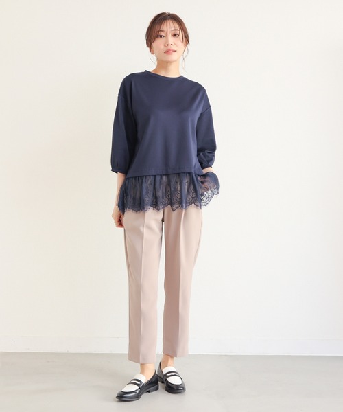 GLACIER lusso(グラシアルッソ)の「7分袖レースレイヤードトップス(Tシャツ/カットソー・レディース・ネイビー/アイボリー/ダークベージュ・S/M/LL/L)」の9枚目の写真