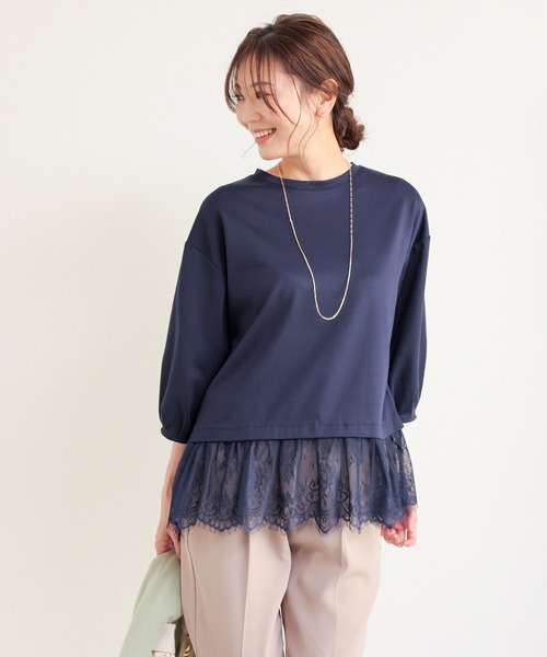 GLACIER lusso(グラシアルッソ)の「7分袖レースレイヤードトップス(Tシャツ/カットソー・レディース・ネイビー/アイボリー/ダークベージュ・S/M/LL/L)」の10枚目の写真