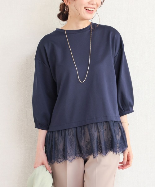 GLACIER lusso(グラシアルッソ)の「7分袖レースレイヤードトップス(Tシャツ/カットソー・レディース・ネイビー/アイボリー/ダークベージュ・S/M/LL/L)」の11枚目の写真