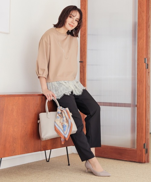 GLACIER lusso(グラシアルッソ)の「7分袖レースレイヤードトップス(Tシャツ/カットソー・レディース・ネイビー/アイボリー/ダークベージュ・S/M/LL/L)」の12枚目の写真