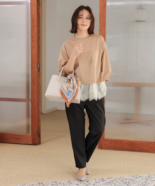 GLACIER lusso(グラシアルッソ)の「7分袖レースレイヤードトップス(Tシャツ/カットソー・レディース・ネイビー/アイボリー/ダークベージュ・S/M/LL/L)」の13枚目の写真