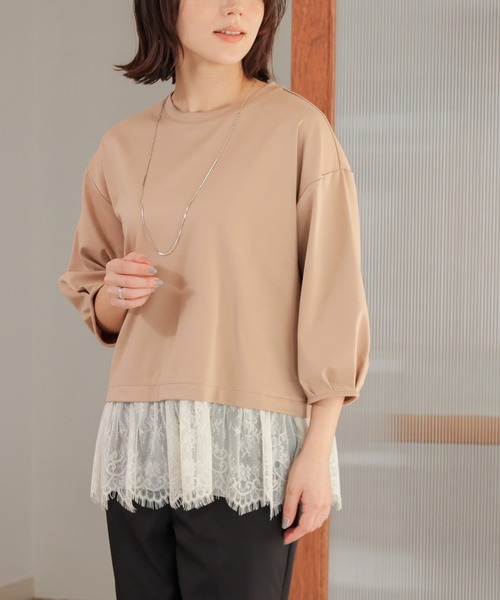 GLACIER lusso(グラシアルッソ)の「7分袖レースレイヤードトップス(Tシャツ/カットソー・レディース・ネイビー/アイボリー/ダークベージュ・S/M/LL/L)」の15枚目の写真