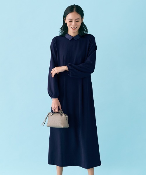 極美品⭐︎ INFINE 大きいサイズ 15号 ワンピースセットアップ　紺 リブ イン コンフォート 伸びやかな着心地がやみつきに サテン衿が