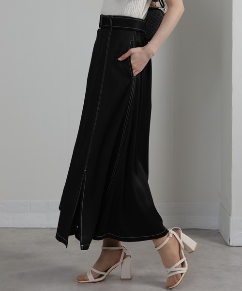 セール】配色ステッチ サイドスリット ベルト付ロングスカート