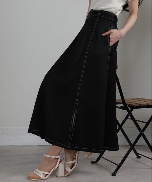 セール】配色ステッチ サイドスリット ベルト付ロングスカート