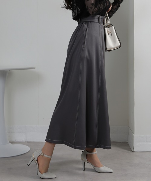セール】配色ステッチ サイドスリット ベルト付ロングスカート