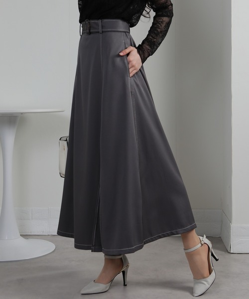 セール】配色ステッチ サイドスリット ベルト付ロングスカート