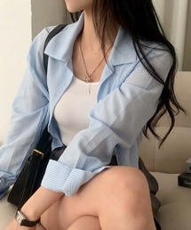 長袖ストライプシャツブラウス