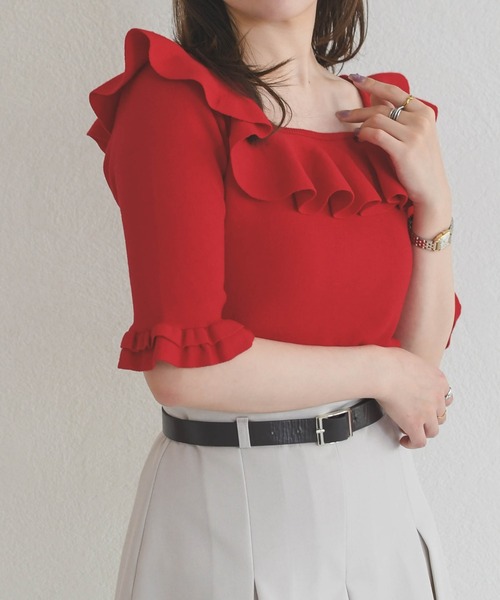 31 Sons de mode（トランテアン　ソン　ドゥ　モード）の「2026春夏新作 フリル配色ニット（ニット/セーター・レディース・ブラック/オフホワイト/レッド・ﾌﾘ-）」の3枚目の写真