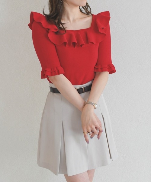 31 Sons de mode（トランテアン　ソン　ドゥ　モード）の「2026春夏新作 フリル配色ニット（ニット/セーター・レディース・ブラック/オフホワイト/レッド・ﾌﾘ-）」の11枚目の写真