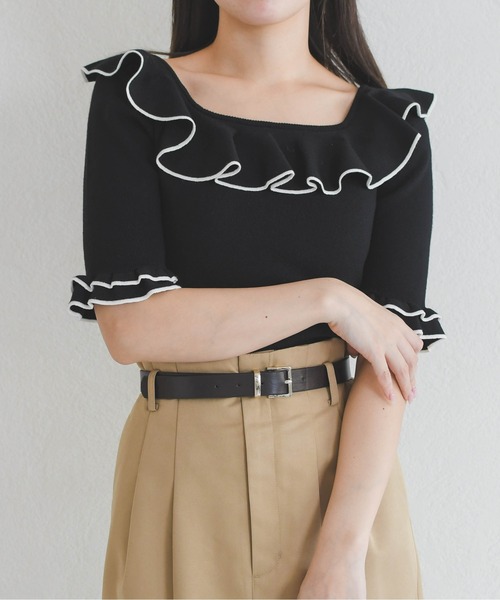 31 Sons de mode（トランテアン　ソン　ドゥ　モード）の「2026春夏新作 フリル配色ニット（ニット/セーター・レディース・ブラック/オフホワイト/レッド・ﾌﾘ-）」の18枚目の写真