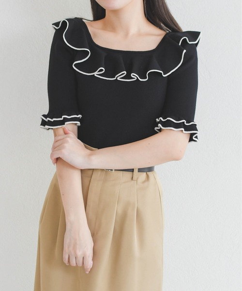 31 Sons de mode（トランテアン　ソン　ドゥ　モード）の「2026春夏新作 フリル配色ニット（ニット/セーター・レディース・ブラック/オフホワイト/レッド・ﾌﾘ-）」の19枚目の写真