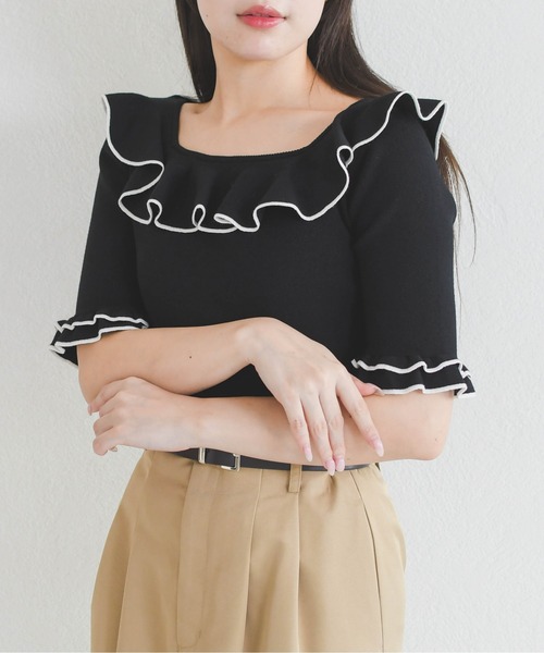 31 Sons de mode（トランテアン　ソン　ドゥ　モード）の「2026春夏新作 フリル配色ニット（ニット/セーター・レディース・ブラック/オフホワイト/レッド・ﾌﾘ-）」の20枚目の写真