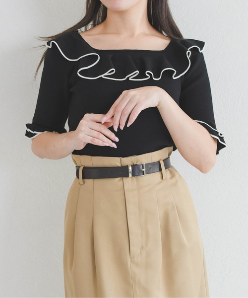 31 Sons de mode（トランテアン　ソン　ドゥ　モード）の「2026春夏新作 フリル配色ニット（ニット/セーター・レディース・ブラック/オフホワイト/レッド・ﾌﾘ-）」の21枚目の写真