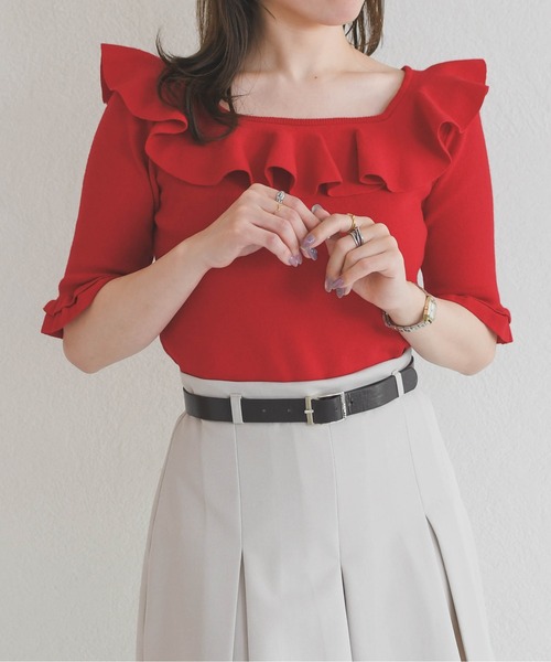 31 Sons de mode（トランテアン　ソン　ドゥ　モード）の「2026春夏新作 フリル配色ニット（ニット/セーター・レディース・ブラック/オフホワイト/レッド・ﾌﾘ-）」の10枚目の写真