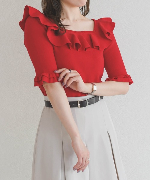 31 Sons de mode（トランテアン　ソン　ドゥ　モード）の「2026春夏新作 フリル配色ニット（ニット/セーター・レディース・ブラック/オフホワイト/レッド・ﾌﾘ-）」の9枚目の写真