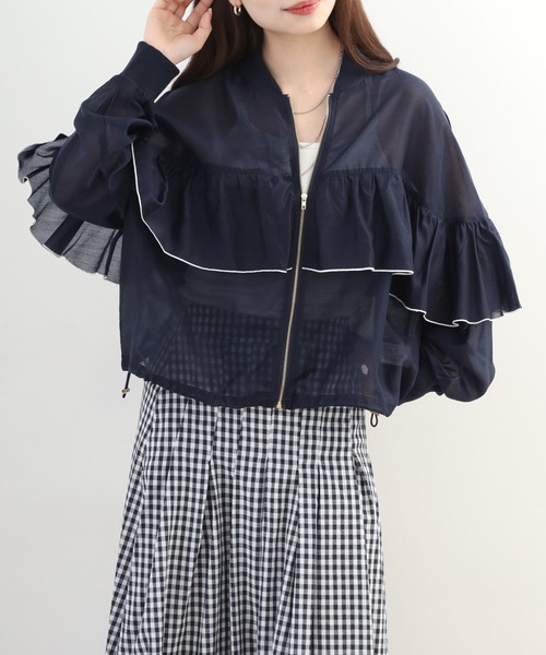 EGLANTINE(エグランティーヌ)の「EGLANTINE シアーフリルブルゾン長袖(ブルゾン・レディース・スモークピンク/カーキ/インディゴブルー・38)」の13枚目の写真