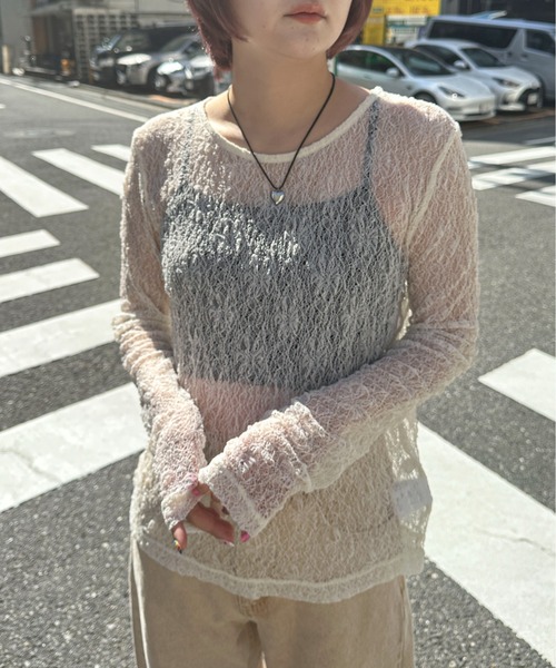 PILIT(ピリット)の「ストレッチレース ロングスリーブトップス(Tシャツ/カットソー・レディース・アイボリー/ブラック・MEDIUM)」の2枚目の写真