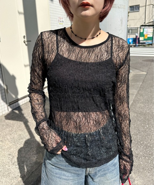 PILIT(ピリット)の「ストレッチレース ロングスリーブトップス(Tシャツ/カットソー・レディース・アイボリー/ブラック・MEDIUM)」の1枚目の写真