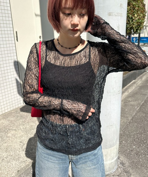 PILIT(ピリット)の「ストレッチレース ロングスリーブトップス(Tシャツ/カットソー・レディース・アイボリー/ブラック・MEDIUM)」の3枚目の写真