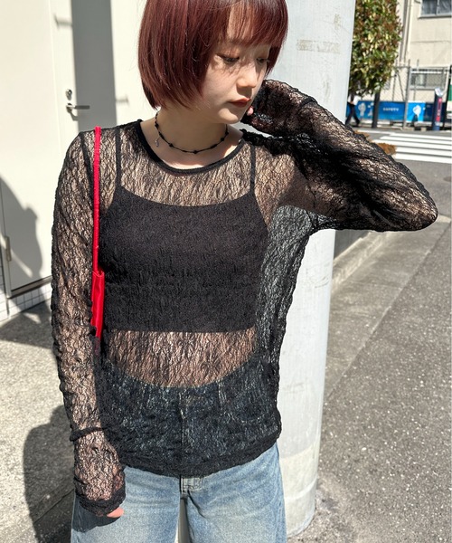 PILIT(ピリット)の「ストレッチレース ロングスリーブトップス(Tシャツ/カットソー・レディース・アイボリー/ブラック・MEDIUM)」の4枚目の写真