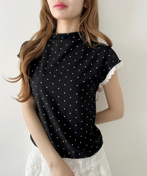 Loueme(ルエム)の「ドットレースフレンチスリーブトップス(Tシャツ/カットソー・レディース・ブラック/ホワイト/ライトブルー/グレー・FREE)」の8枚目の写真