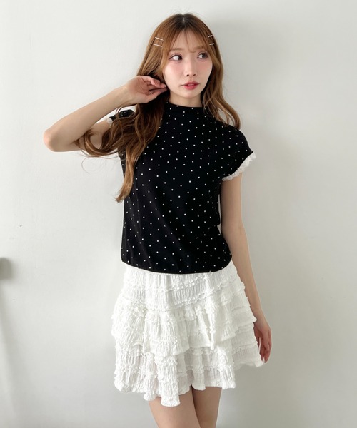 Loueme(ルエム)の「ドットレースフレンチスリーブトップス(Tシャツ/カットソー・レディース・ブラック/ホワイト/ライトブルー/グレー・FREE)」の9枚目の写真