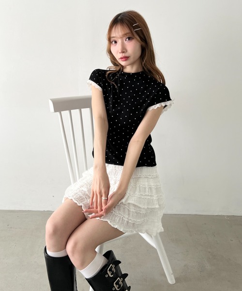 Loueme(ルエム)の「ドットレースフレンチスリーブトップス(Tシャツ/カットソー・レディース・ブラック/ホワイト/ライトブルー/グレー・FREE)」の10枚目の写真