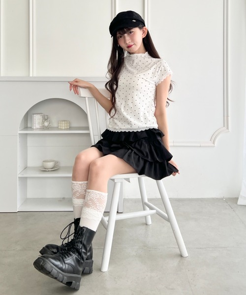 Loueme(ルエム)の「ドットレースフレンチスリーブトップス(Tシャツ/カットソー・レディース・ブラック/ホワイト/ライトブルー/グレー・FREE)」の6枚目の写真