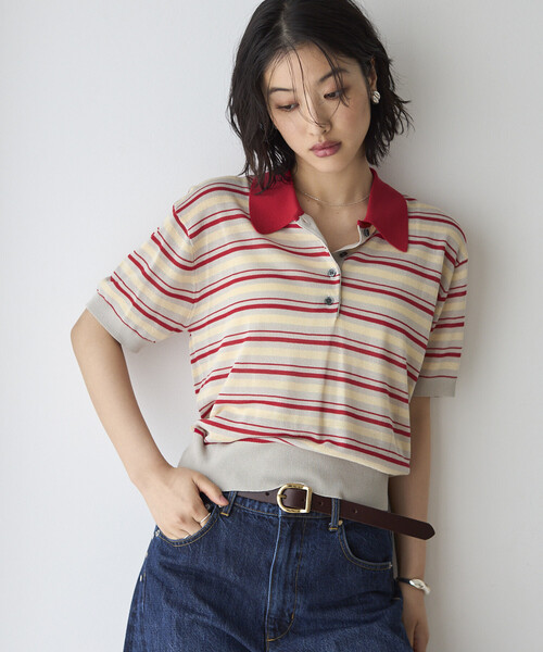 Firsthand（ファーストハンド）の「Firsthand/ファーストハンド リラックスフィット 配色デザイン ポロニット / バイカラー / マルチボーダー（ポロシャツ・レディース・レッド/チャコールグレー/ブラウン/サックスブルー・FREE）」の4枚目の写真