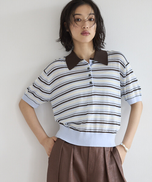 Firsthand（ファーストハンド）の「Firsthand/ファーストハンド リラックスフィット 配色デザイン ポロニット / バイカラー / マルチボーダー（ポロシャツ・レディース・レッド/チャコールグレー/ブラウン/サックスブルー・FREE）」の3枚目の写真