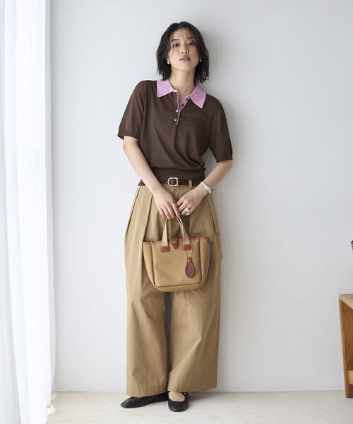 Firsthand（ファーストハンド）の「Firsthand/ファーストハンド リラックスフィット 配色デザイン ポロニット / バイカラー / マルチボーダー（ポロシャツ・レディース・レッド/チャコールグレー/ブラウン/サックスブルー・FREE）」の7枚目の写真