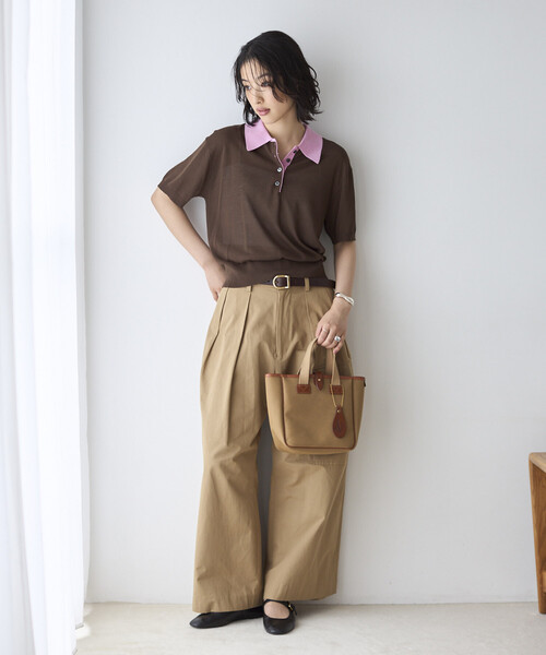 Firsthand（ファーストハンド）の「Firsthand/ファーストハンド リラックスフィット 配色デザイン ポロニット / バイカラー / マルチボーダー（ポロシャツ・レディース・レッド/チャコールグレー/ブラウン/サックスブルー・FREE）」の8枚目の写真
