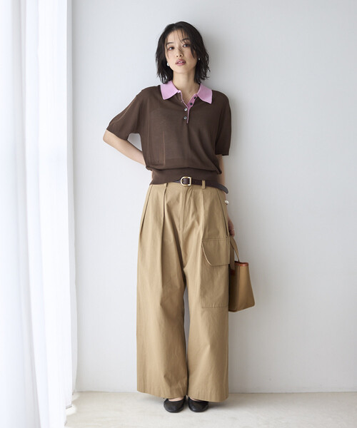 Firsthand（ファーストハンド）の「Firsthand/ファーストハンド リラックスフィット 配色デザイン ポロニット / バイカラー / マルチボーダー（ポロシャツ・レディース・レッド/チャコールグレー/ブラウン/サックスブルー・FREE）」の9枚目の写真