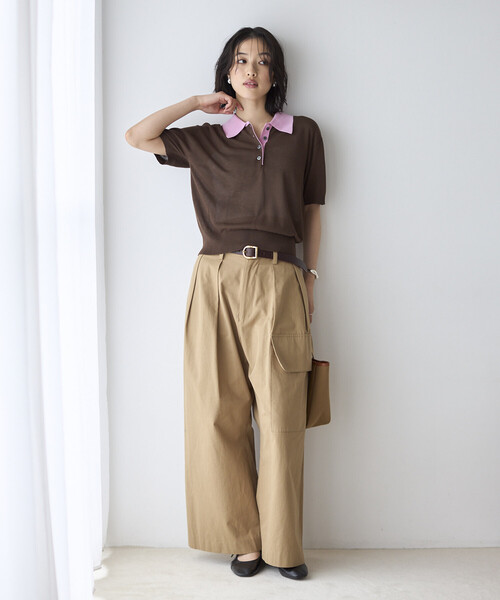 Firsthand（ファーストハンド）の「Firsthand/ファーストハンド リラックスフィット 配色デザイン ポロニット / バイカラー / マルチボーダー（ポロシャツ・レディース・レッド/チャコールグレー/ブラウン/サックスブルー・FREE）」の10枚目の写真