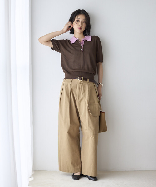 Firsthand（ファーストハンド）の「Firsthand/ファーストハンド リラックスフィット 配色デザイン ポロニット / バイカラー / マルチボーダー（ポロシャツ・レディース・レッド/チャコールグレー/ブラウン/サックスブルー・FREE）」の11枚目の写真