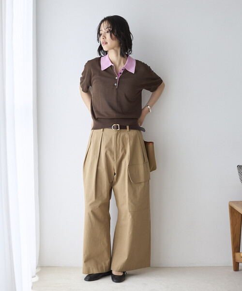Firsthand（ファーストハンド）の「Firsthand/ファーストハンド リラックスフィット 配色デザイン ポロニット / バイカラー / マルチボーダー（ポロシャツ・レディース・レッド/チャコールグレー/ブラウン/サックスブルー・FREE）」の12枚目の写真