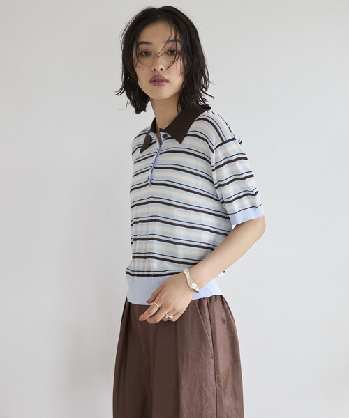 Firsthand（ファーストハンド）の「Firsthand/ファーストハンド リラックスフィット 配色デザイン ポロニット / バイカラー / マルチボーダー（ポロシャツ・レディース・レッド/チャコールグレー/ブラウン/サックスブルー・FREE）」の21枚目の写真