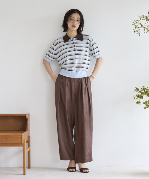 Firsthand（ファーストハンド）の「Firsthand/ファーストハンド リラックスフィット 配色デザイン ポロニット / バイカラー / マルチボーダー（ポロシャツ・レディース・レッド/チャコールグレー/ブラウン/サックスブルー・FREE）」の14枚目の写真