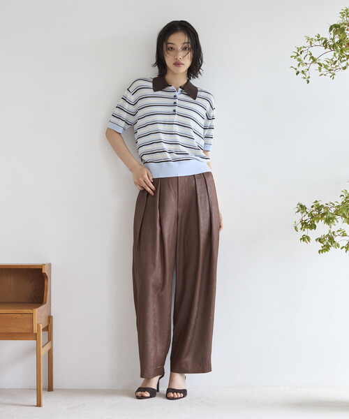 Firsthand（ファーストハンド）の「Firsthand/ファーストハンド リラックスフィット 配色デザイン ポロニット / バイカラー / マルチボーダー（ポロシャツ・レディース・レッド/チャコールグレー/ブラウン/サックスブルー・FREE）」の16枚目の写真