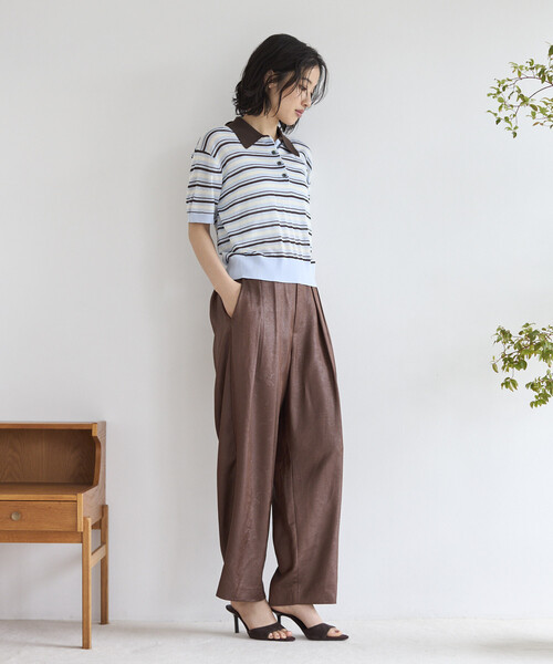 Firsthand（ファーストハンド）の「Firsthand/ファーストハンド リラックスフィット 配色デザイン ポロニット / バイカラー / マルチボーダー（ポロシャツ・レディース・レッド/チャコールグレー/ブラウン/サックスブルー・FREE）」の17枚目の写真