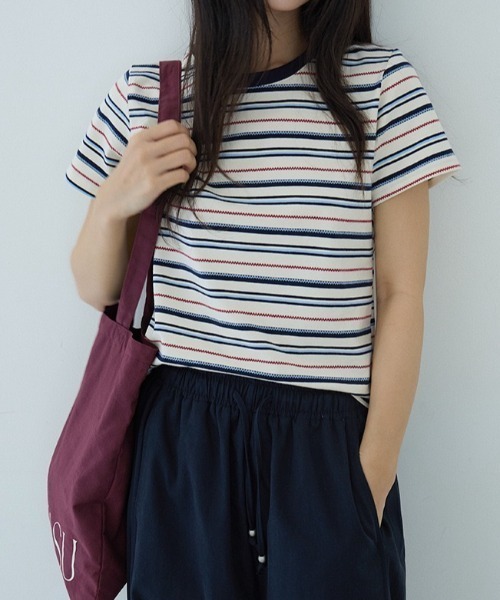 CHUN CHUN NOTES（チュンチュンノーツ）の「26SS/綿混 配色ボーダー半袖カットソー（Tシャツ/カットソー・レディース・アイボリー/ブルー・F）」の2枚目の写真
